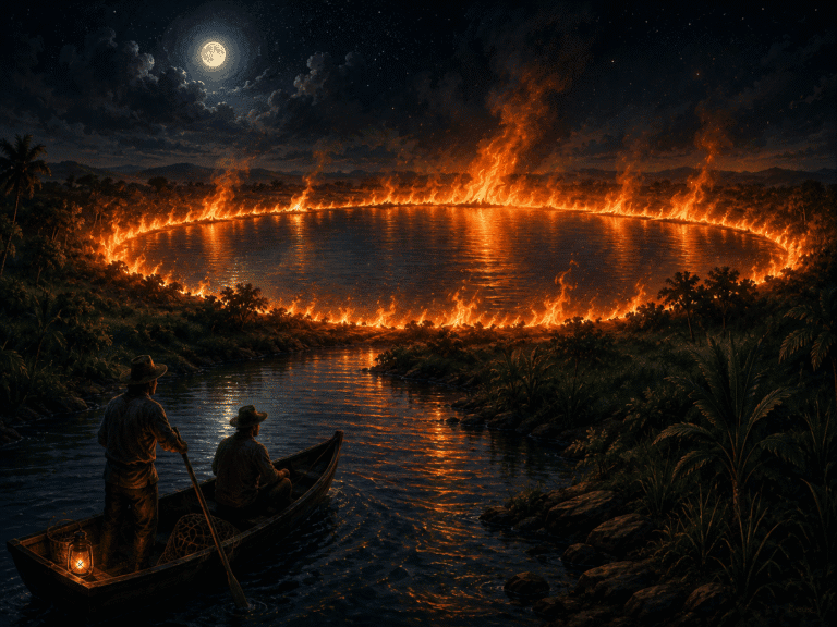 Ilustração feita em inteligência artificial sobre a lenda de Rio do Fogo, no Rio Grande do Norte.
